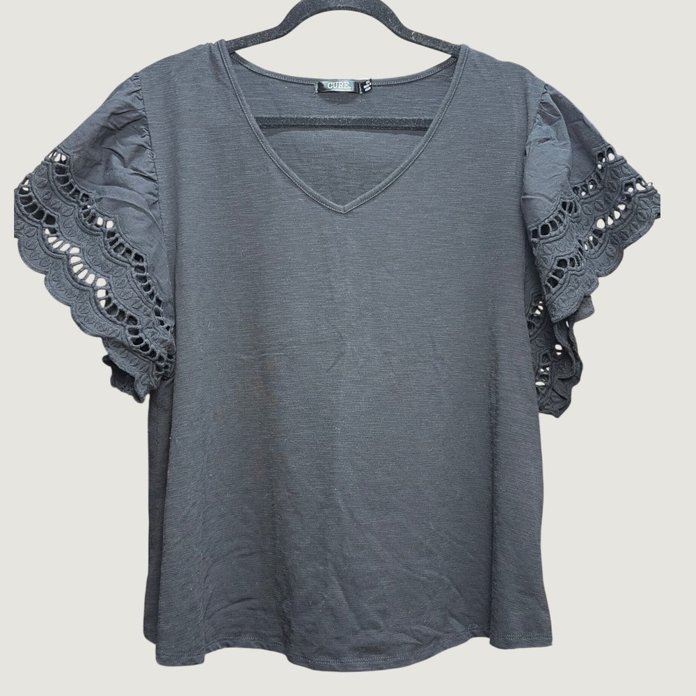 CURE. Black Eyelet Flutter Sleeve V-Neck Slub Knit Top 2XL